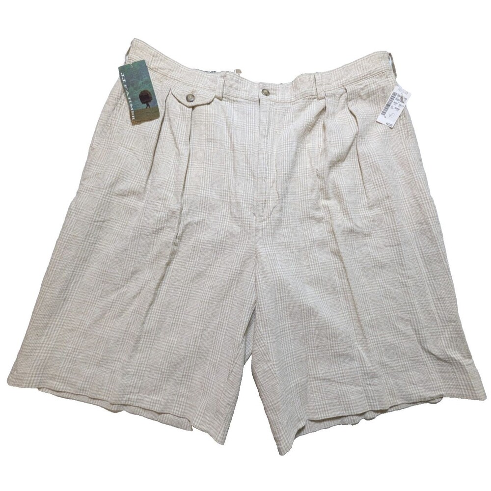 Vintage JJ Farmer Men's 40 Linen Blend Pleated Shorts NWT Plaid Beige Parisian
